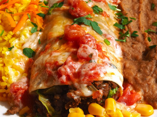 mexican food burritos with tomato refried black beans and rice