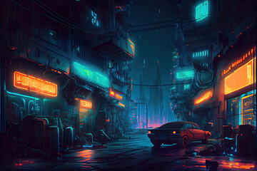 futuristic cyberpunk night street scene