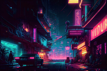 futuristic cyberpunk night street scene