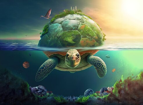 GreeAn underwater view of a tropical island with birds and coral reef made on the shell of a swimming giant green turtle. Background with copy spacen sea turtle in tropical island