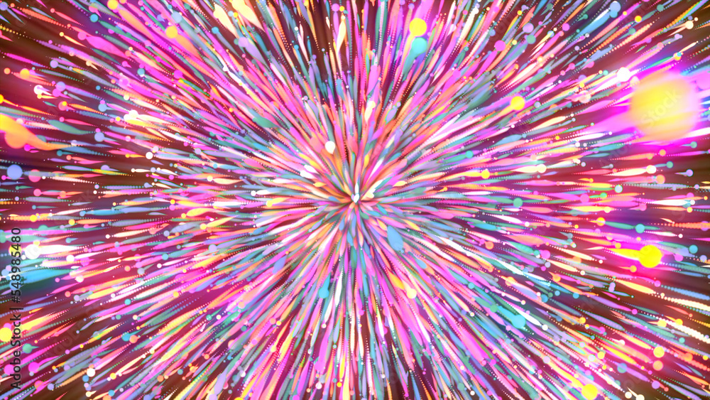 Poster colorful explosive flow with moving lines and particles. motion. luminous bright stream of energetic