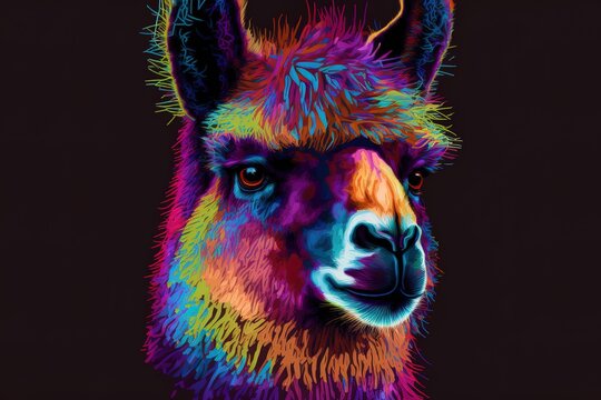 Llama and Alpaca portrait An abstract, multicolored, hand-drawn picture of an alpaca llama on a deep purple backdrop.