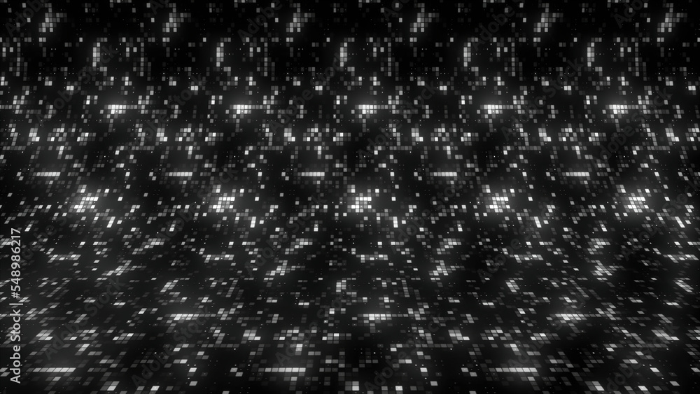 Poster bright shimmering squares on modern background. motion. a lot of pixel squares glow in space. mosaic