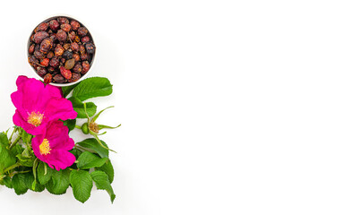 a glass cup of rosehip herbal tea on a white background, top view, along with green rosehip leaves, red flowers and dried fruits. Medicinal plants, herbal composition to increase immunity and vitamins