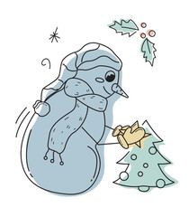Doodle snowman decorating a Christmas tree isolated on a white background. Christmas illustration with the snowman. Happy New Year and Merry Christmas. 