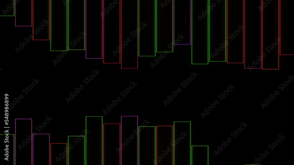 Poster Black background . Design. Clear bright lines of different colors in animation that jump up and down like graphs .