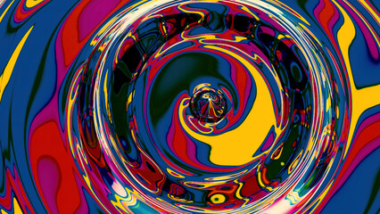 Colorful liquid moves in circular waves. Design. Acidic paints shimmer in moving liquid. Beautiful bright colors in liquid moving in wave circles