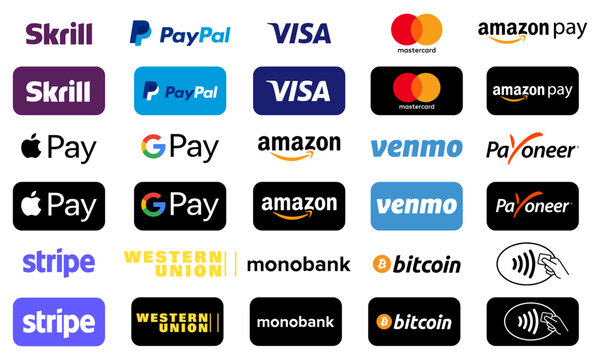 Complete set of icons and logos of famous world companies. Skrill, PayPal, Visa, Mastercard, Amazon pay, Apple Pay... Vector set for your design. Vector icons on isolated background. Vector EPS 10