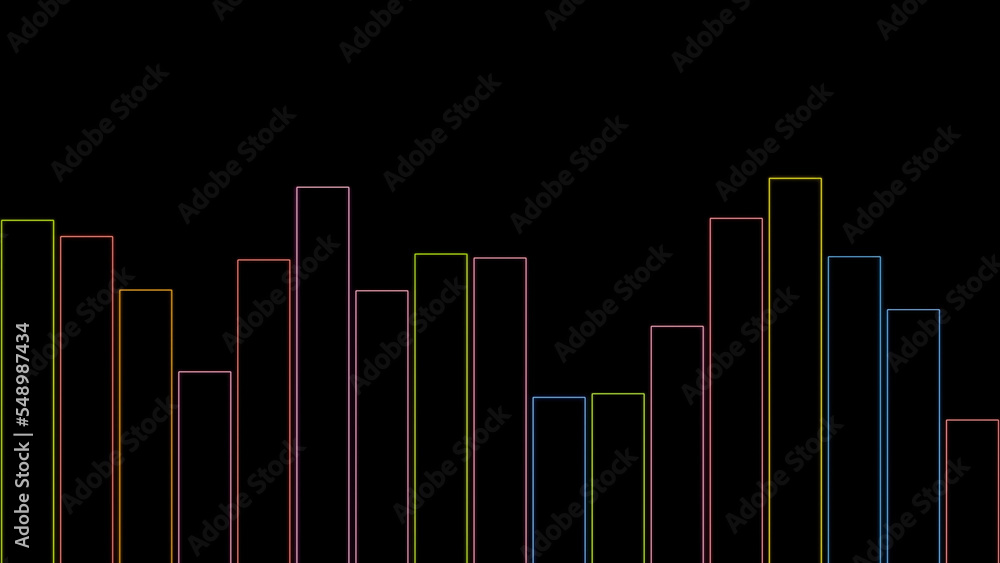 Poster Black background . Design. Clear bright lines of different colors in animation that jump up and down like graphs .