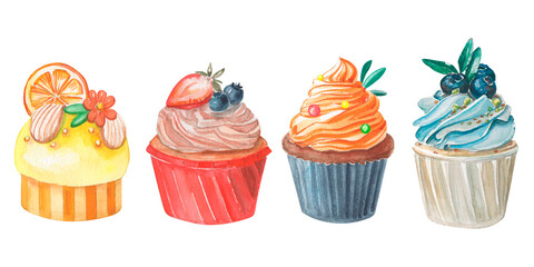 Watercolor set of colorful cupcakes with cream, fruit, and berries. Foor illustration of dessert. Hand-drawn vanilla and chocolate muffins for party decor and scrapbooking.