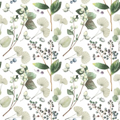 Watercolor floral seamless pattern in white colors for wedding or birthday textile and decor. Botanical hand-drawn branches with berries and green leaves.