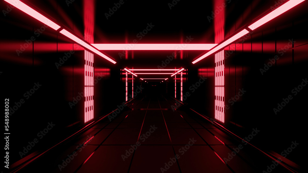 Poster red and gray dark corridor with lighting. design.a spacious room in an abstraction that moves inward