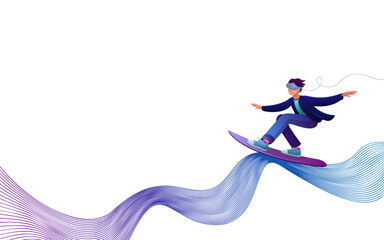 Banner on the theme of virtual reality. The guy in vr glasses swims on a surfboard in cyberspace. Meta Universe and Digital Innovation. Vector cartoon illustration isolated on white background. 