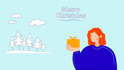 Merry Christmas. gift, snow, Christmas tree. greetings with winter holidays. the winter holidays.