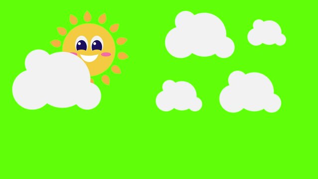 Animation of the sun being shy and hiding behind the clouds on a green screen