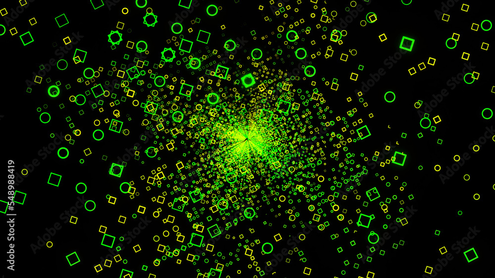Poster rotating squared matrix field on a black background. design. green squared silhouettes spinning with