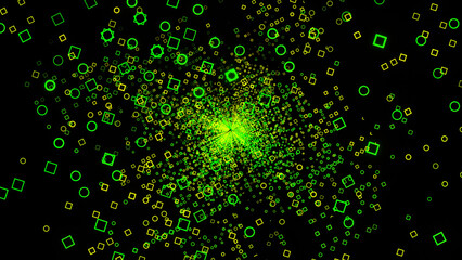 Rotating squared matrix field on a black background. Design. Green squared silhouettes spinning with matrix effect.