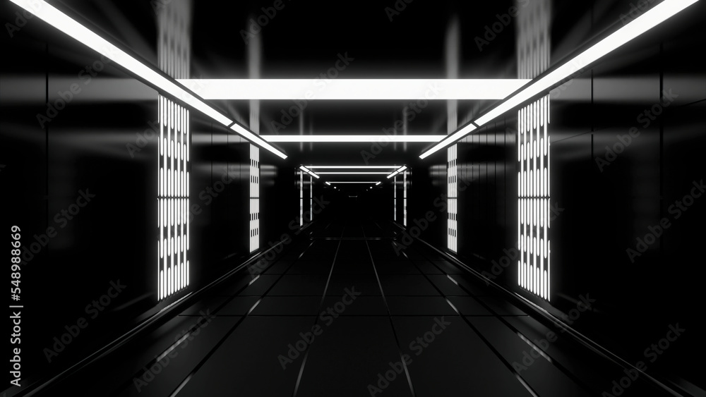 Poster red and gray dark corridor with lighting. design.a spacious room in an abstraction that moves inward