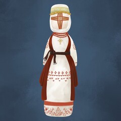 Ukrainian national doll named Motanka. National cap on her head. White embroidered dress with a red waistcoat. Draw in digital art national style. Ancient amulet. Historical attributes are national.