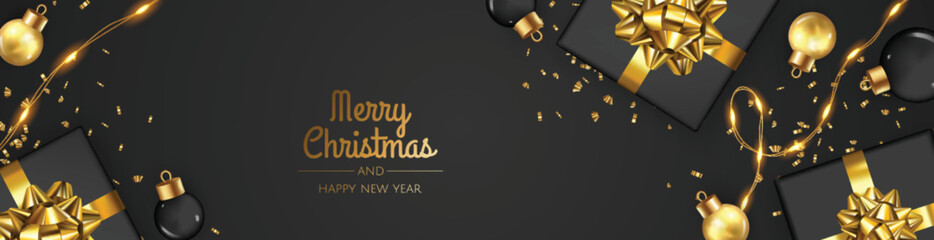 Christmas banner. Xmas background design with realistic gift box, snowflake and golden confetti glitter. Horizontal Christmas poster, greeting cards, headers, website