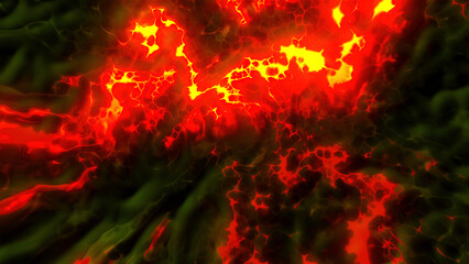 Movement in lava tunnel. Motion. Dizzying lava vortex with fire and smoke. Lava flow and smoke in motion