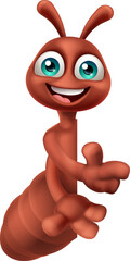 An ant insect or bug cute cartoon character mascot peeking around a sign and pointing