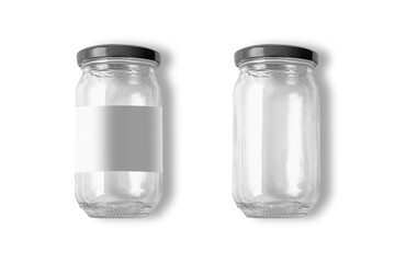 Empty glass jars sealed black screw cap for sauces, vegetable preservation with empty label mockup. top view. 3d rendering.