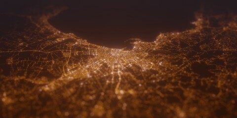 Street lights map of Palma (Spain) with tilt-shift effect, view from north. Imitation of macro shot with blurred background. 3d render, selective focus © Hairem