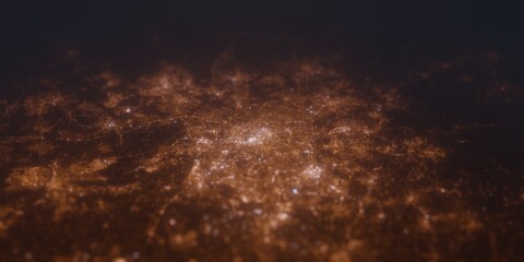 Street lights map of Manchester (UK, England) with tilt-shift effect, view from south. Imitation of macro shot with blurred background. 3d render, selective focus
