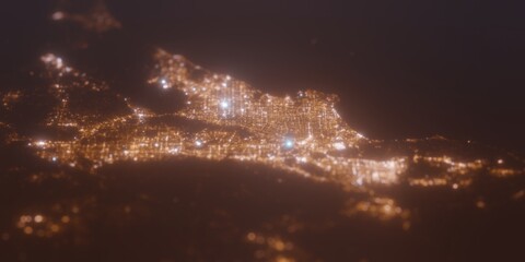 Street lights map of Los Angeles (California, USA) with tilt-shift effect, view from north. Imitation of macro shot with blurred background. 3d render, selective focus