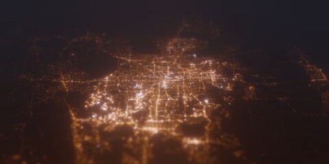 Street lights map of Orlando (Florida, USA) with tilt-shift effect, view from south. Imitation of macro shot with blurred background. 3d render, selective focus