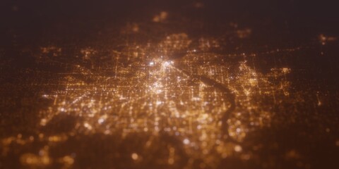 Street lights map of Minneapolis (Minnesota, USA) with tilt-shift effect, view from west. Imitation of macro shot with blurred background. 3d render, selective focus
