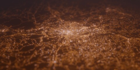 Street lights map of Manchester (New Hampshire, USA) with tilt-shift effect, view from west. Imitation of macro shot with blurred background. 3d render, selective focus