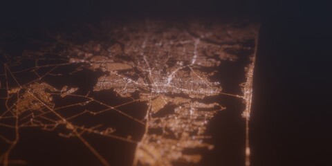 Street lights map of Toms River (New Jersey, USA) with tilt-shift effect, view from south. Imitation of macro shot with blurred background. 3d render, selective focus