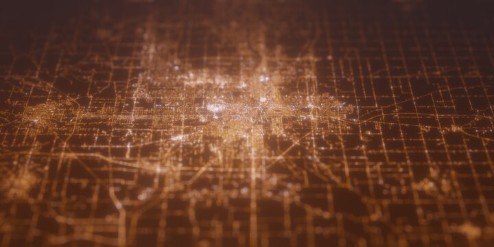 Street lights map of South Bend (Indiana, USA) with tilt-shift effect, view from west. Imitation of macro shot with blurred background. 3d render, selective focus