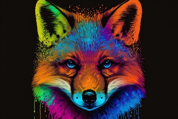 A fox's head is shown in neon colors on a black backdrop in this pop art watercolor splatter abstract painting.