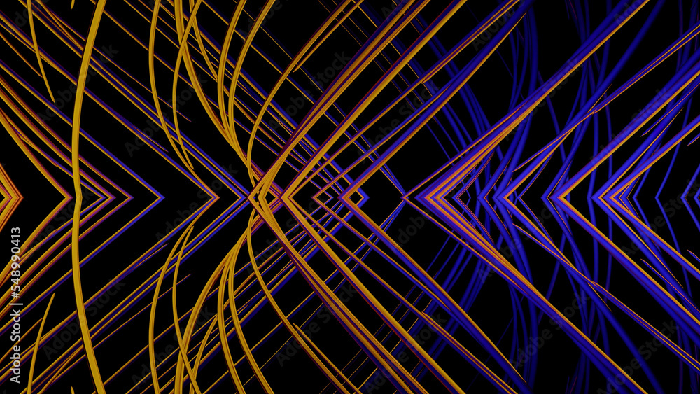 Poster abstract multicolored lines moving and crossing on a black background. design. reflection of colorfu