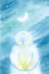 Cute polar bear with a bright star on hands and moon in the night sky - vector watercolor illustration