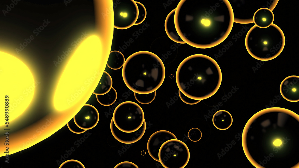 Poster 3d bubbles move in stream. design. large soap bubbles move in stream on black background. colored bu