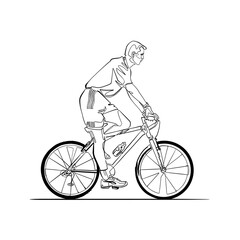 Naklejka premium Man riding a bike, continuous line vector portrait of cyclist