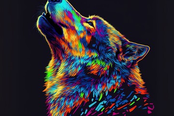 Wolf is illustrated in a pop art style that contains splatters of watercolor and uses bright neon colors set against a black backdrop.