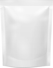 Mockup Blank Foil Food Stand Up Flexible Pouch Sachet Bag Packaging. Illustration Isolated On White Background. Mock Up, Mockup Template Ready For Your Design. Vector EPS10