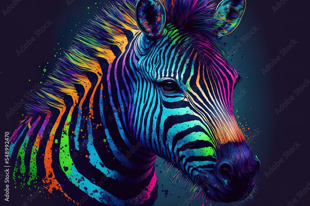 Poster zebra is depicted in neon colors against a black background in a pop art style that features splatte