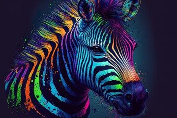 zebra is depicted in neon colors against a black background in a pop art style that features splatters of watercolor. CG artwork
