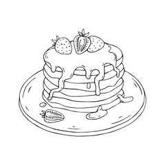 Linear sketch of pancakes. Pancakes with maple syrup, honey and strawberries. Vector graphics.