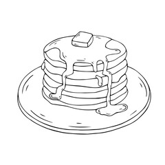 Pancake sketch set. Pancakes with maple syrup, honey and butter. Vector graphics.