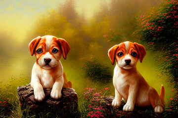 Animal characters for cartoons. Cute emotional puppies. Green background with flowers in the forest. Illustration for advertising, cartoons, games, print media.