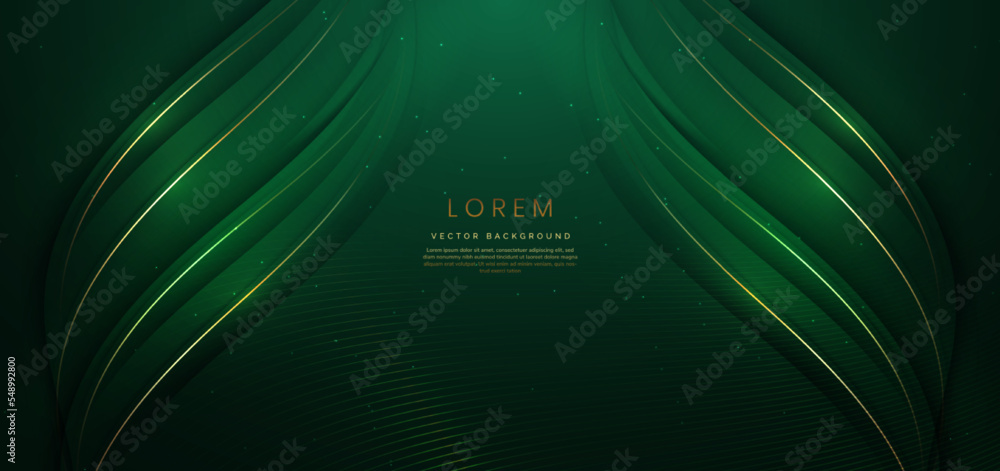 Poster abstract 3d gold curved green ribbon on dark green background with lighting effect and sparkle with 