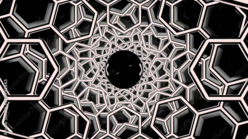 Poster 3d tunnel with hexagons and moving black hole. design. tunnel of 3d honeycombs with moving black liq