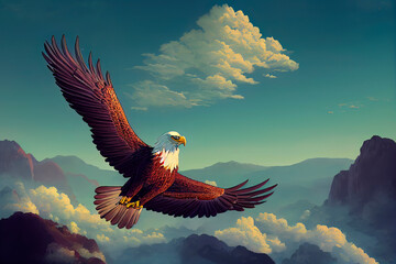 Plakat The eagle flying in the mountains. Condor. Illustration for books, cartoons and printing products.